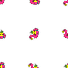 Fototapeta premium Pink cartoon flamingos with yellow details and green leaves isolated on transparent background