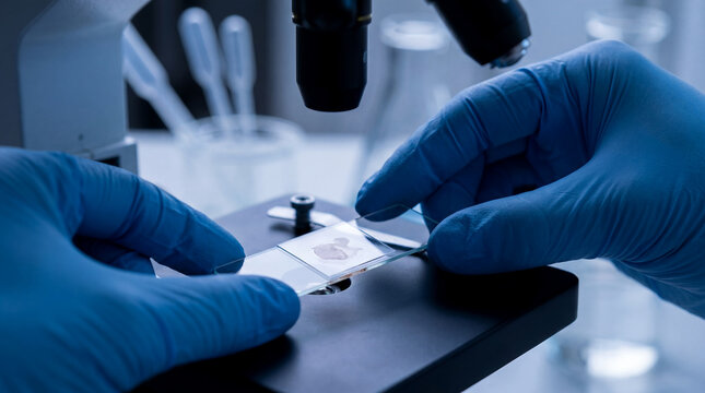 lab scientist gloved hands microscope slide examination careful precise placement of biological specimen under optical instrument for clinical microbiology and pathology research investigation