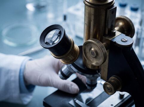 microscope eyepiece laboratory reflection optical equipment scientific instrument close-up emphasizing precision lens craftsmanship for biology and clinical pathology research applications
