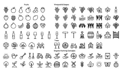 Elegant black and white vineyard fruit farming vector icon set © MD