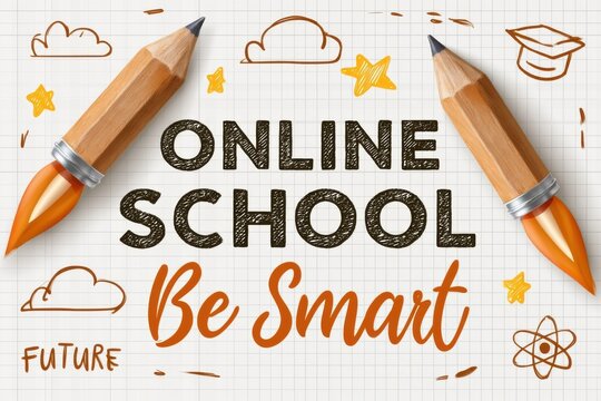 Online school banner with pencils and handwritten 'Be Smart' message on graph paper