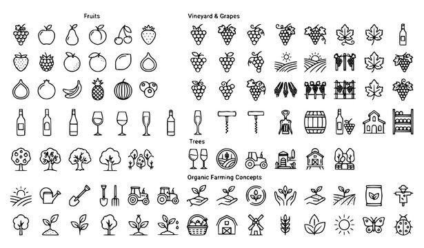 Elegant black and white vineyard fruit farming vector icon set
