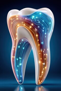 Futuristic glowing tooth with digital circuitry representing dental technology and oral health innovation