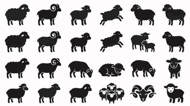 Sheep, ram silhouettes, 25 black icons, animal symbols, flock illustrations