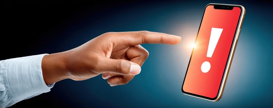Hand pointing at smartphone showing red exclamation alert on screen indicating warning and urgency