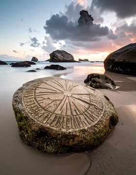 A weathered stone sundial on a sandy beach at sunset
