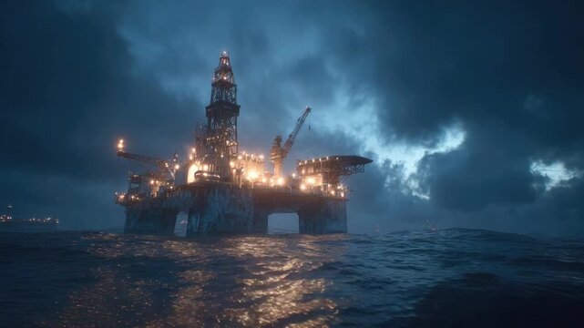 Offshore Oil Rig at Dusk: A colossal offshore oil rig, illuminated by its own lights, stands imposingly on the rough sea under a dramatic twilight sky.