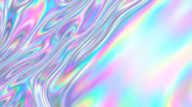 Holographic liquid texture background featuring iridescent waves with soft flowing light and vibrant spectral color gradients