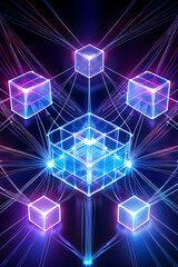 Obraz premium Blockchain technology background with glowing 3D cubes 