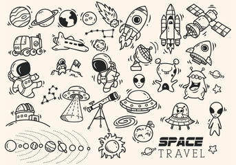 Set of doodle space travel elements in hand drawn style. collection of astronaut and planet illustrations. © Ayat