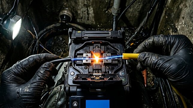 Technician using a fiber optic splicing machine to fuse cables with splicing technology technician equipment