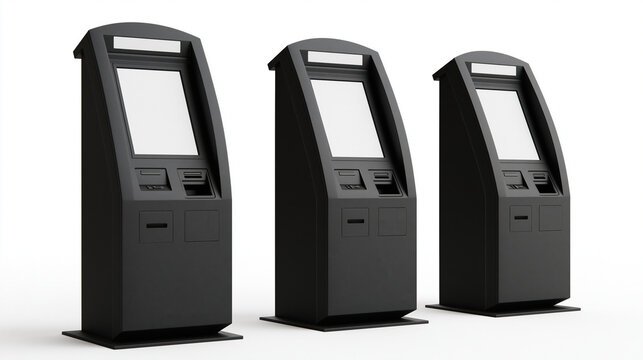 Three black kiosks with blank screens standing on a white background for technology or business use