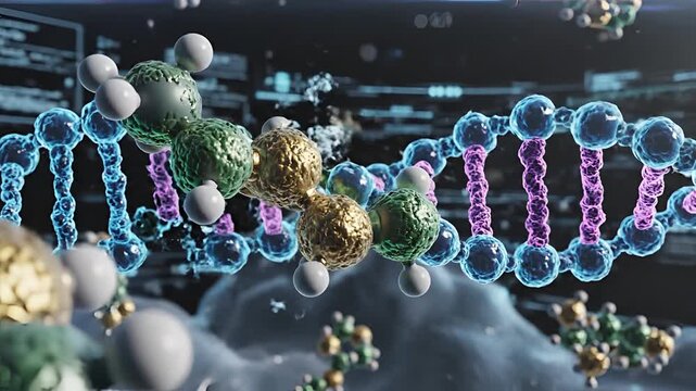 Abstract 3D Animation of DNA Double Helix Structure with Molecules.