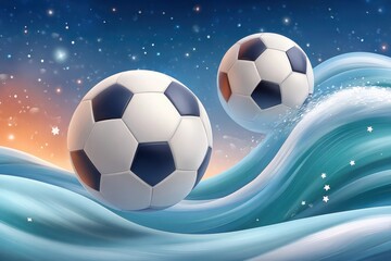 Naklejka premium Abstract dreamlike scene with two soccer balls rolling over blue waves and starry sky