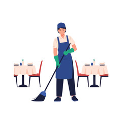 Fototapeta premium A cleaner sweeping the restaurant floor near tables, , flat vector illustration, minimalist, no outline, clear facial features, isolated on a solid white background