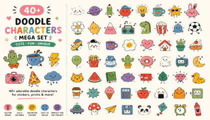 Cute doodle characters mega set with 40 plus icons, hand drawn kawaii stickers and funny cartoon elements, colorful vector illustrations for kids © Allah k hwaly