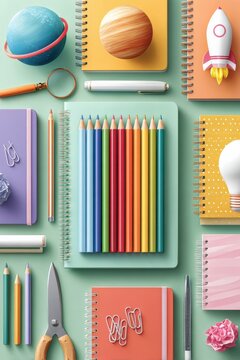 Colorful school supplies flat lay with colored pencils, notebooks, scissors and rocket toy on green background