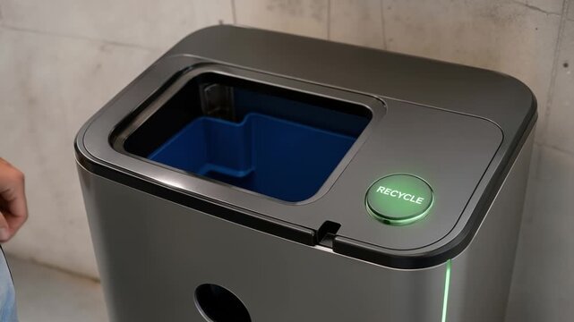 Close up of a person placing a metal can into a modern recycling bin and pressing a button
