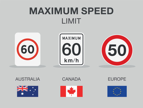 Traffic regulation rules and tips. Road sign types. "Maximum speed limit" traffic sign in different countries. Flat vector illustration template.