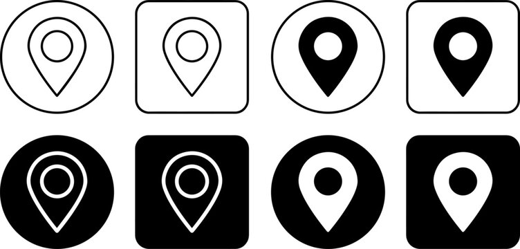 Set of location pin icons in circle and square frames