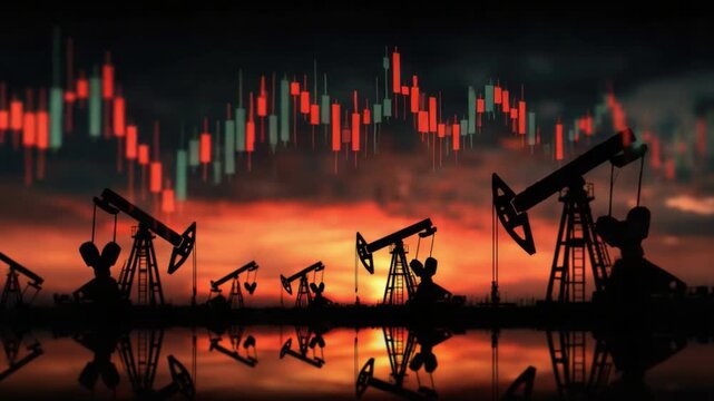Oil Pumpjacks and Stock Market Crash: Silhouettes of numerous oil pumpjacks stand against a dramatic sunset sky, with a crashing stock market graph superimposed.