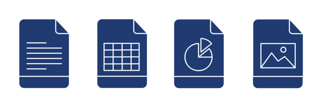 File format icon set, digital office document extension spreadsheet pie chart and picture storage graphic collection, blue silhouette white outline illustrations for computer interface website