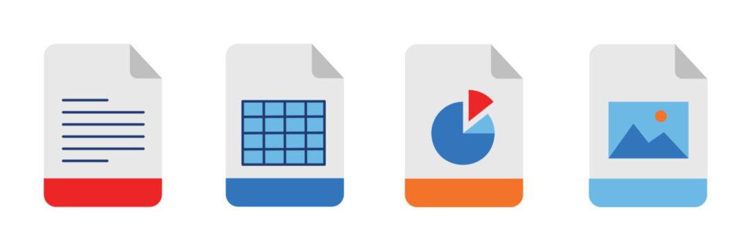 File format icon set, digital office document extension spreadsheet pie chart and picture storage graphic collection, flat minimalist colorful illustrations for computer interface website