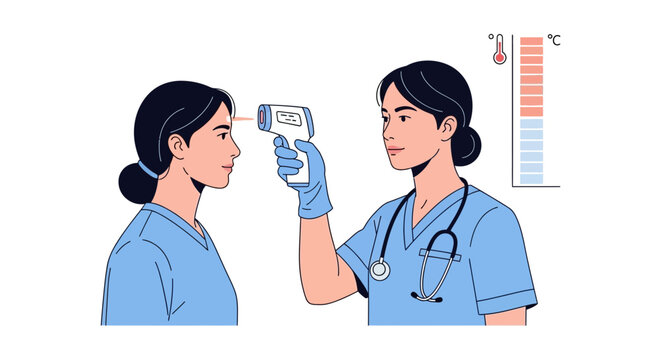 Nurse taking forehead temperature with infrared thermometer, health screening