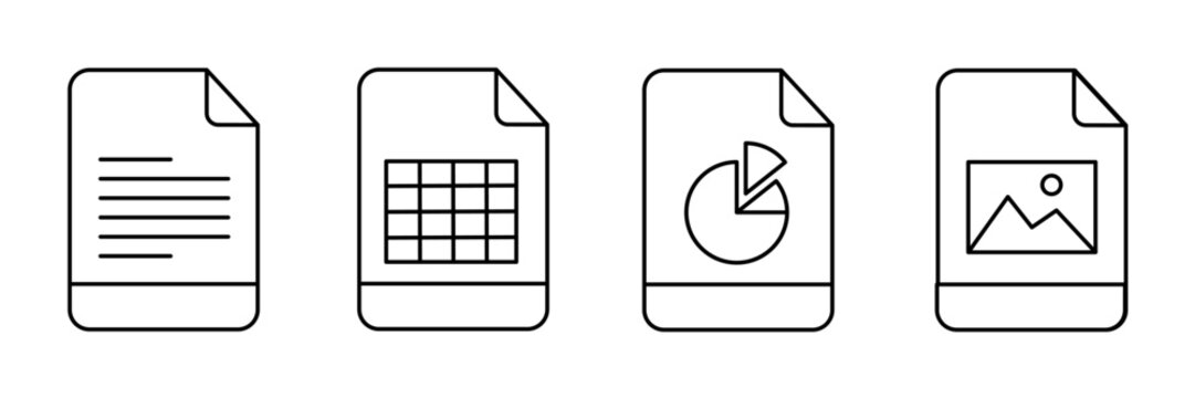 File format icon set, digital office document extension spreadsheet pie chart and picture storage graphic collection, light blue outline illustrations for computer interface website