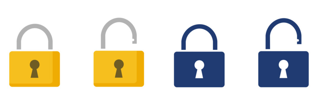 Padlock icons set including locked and unlocked padlocks in flat color and blue glyph styles isolated on white background
