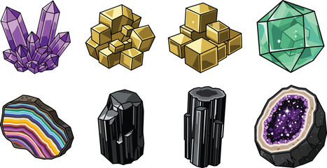 Magic Crystal and Mineral Specimen Vector Icon Set Featuring Purple Amethyst Clusters Golden Pyrite Cubes Emerald Gemstones Rainbow Agate Tourmaline and Geodes © Kamrun
