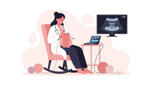 Doctor knitting pregnancy scan results, creative healthcare concept illustration
