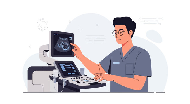 Doctor examining ultrasound scan of fetus with modern equipment
