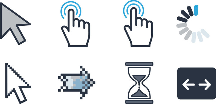 Computer Mouse Cursor and UI Loading Vector Icon Set Featuring Classic Arrow Hand Click Pixel Art Pointer Hourglass Spinner and Resizing Indicators