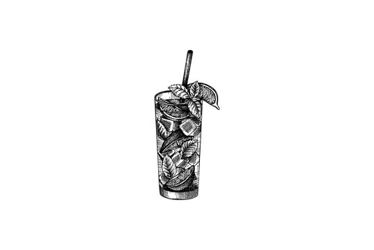 Hand drawn vintage mojito coctail in tall glass, engraved sketch