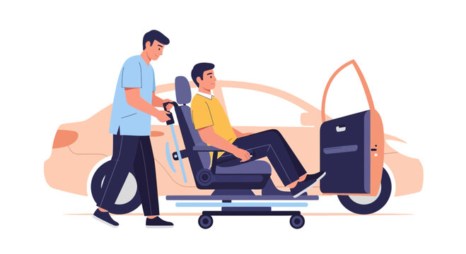 Assisted Mobility: Person in Wheelchair Transferred into Car by Caregiver