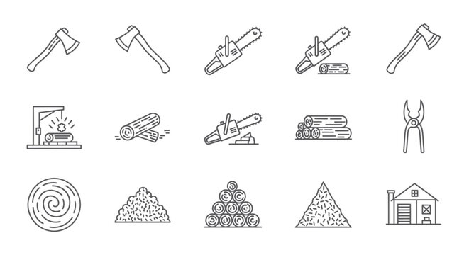 Woodworking Tools and Materials Icons Set: Axes, Chainsaws, Logs, Piles, and Sawmill