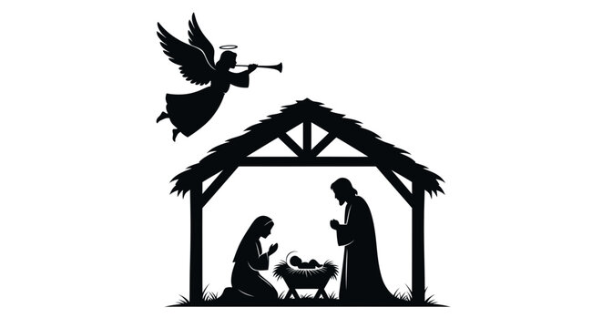 Christmas Nativity Scene Silhouette: Angel, Mary, Joseph, Baby Jesus in Stable