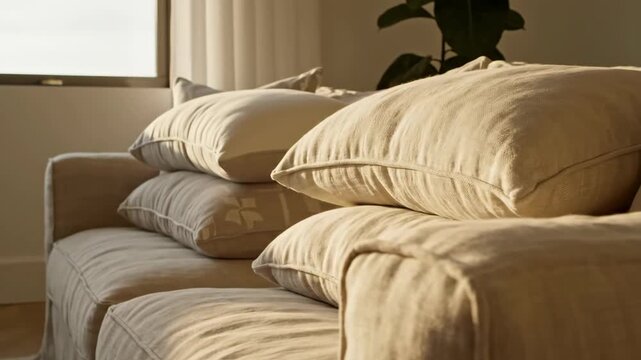 Cozy neatly made bed with soft pillows in warm light