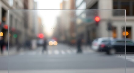 Obraz premium Glass pane stands before a busy city street with blurry traffic.