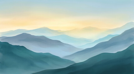 Fototapeta premium Serene mountain landscape painting with soft hues and atmospheric perspective