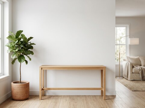 Empty Room with Console Table and Fiddle Leaf Fig Plant