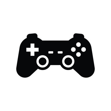 Black silhouette of a standard game controller with a directional pad, buttons, and two analog sticks, representing gaming, entertainment, and interactive technology on a white background