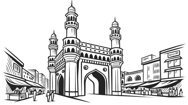 Vector illustration of charminar monument in a busy city square with charminar monument landmark historical