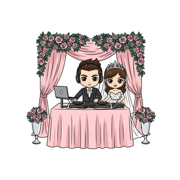 Cartoon DJ and Bride Celebrating a Wedding Together