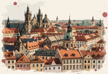 Obraz premium Historic European Cityscape with Red Tiled Roofs and Gothic Cathedrals