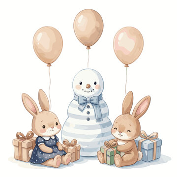 Two Rabbits with Gifts and Snowman Holding Balloons