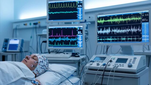 Medical monitoring of a person undergoing electroencephalogram for epilepsy diagnosis and research in a sterile clinical environment