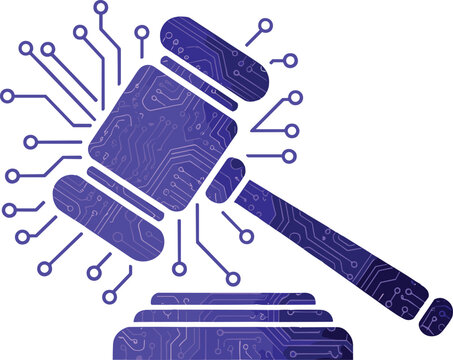 Digital law and cyber justice judge gavel icon with circuit board pattern lines for smart contract regulation and artificial intelligence technology policy