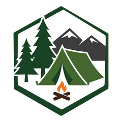 Obraz premium Stylized badge design featuring a green tent and campfire amidst evergreen trees and snowcapped mountains icon